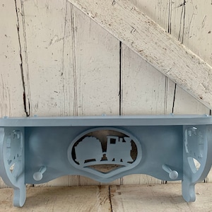 Wood shelf train wall shelf Blue paint with hooks for hanging clothes handmade