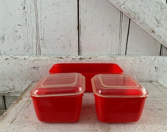 Red Refrigerator Dishes Set of 3 Lustro Ware Plastic Refrigerator Dishes