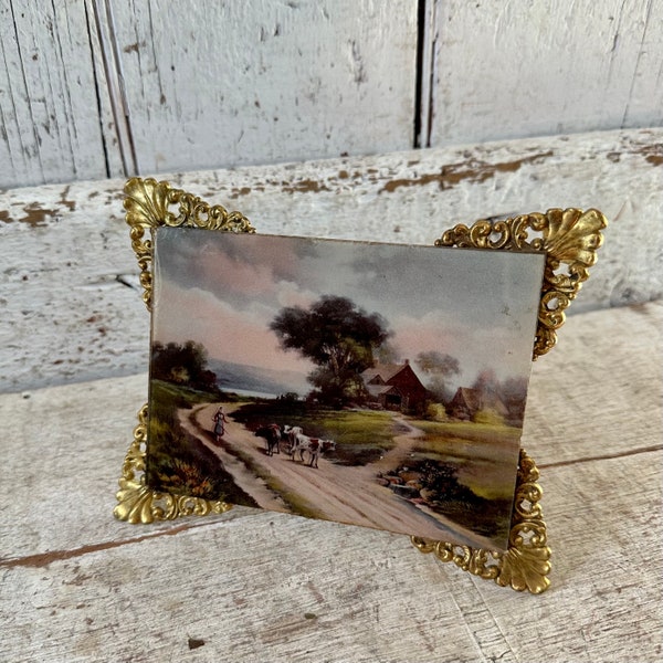 Antique Pastoral Scene on Glass with Gold ornate metal corners small size 6 x 5 inches