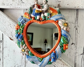 Mirror Heart Shaped Ceramic Vintage Couple in German Costume  Houses Floral Motif