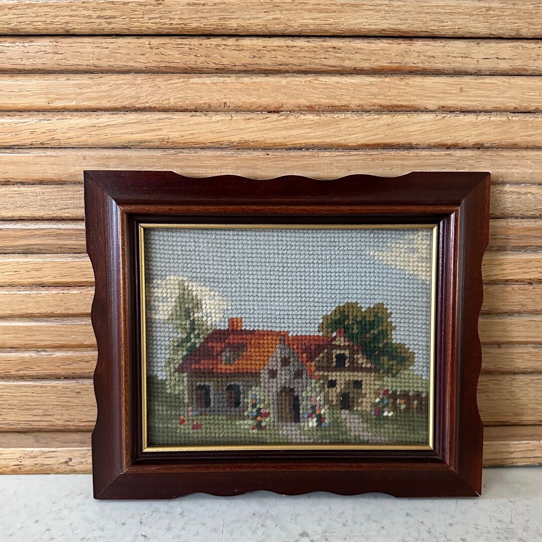 Framed Needlepoint Cottage Display Small Size Wood Vintage Etsy
