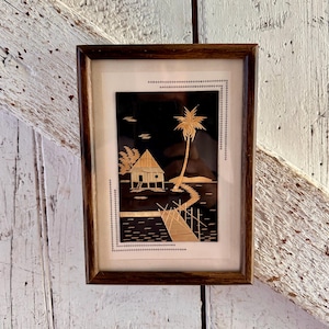 Asian Straw Art in Wood Frame Vintage Asian Wall Art
