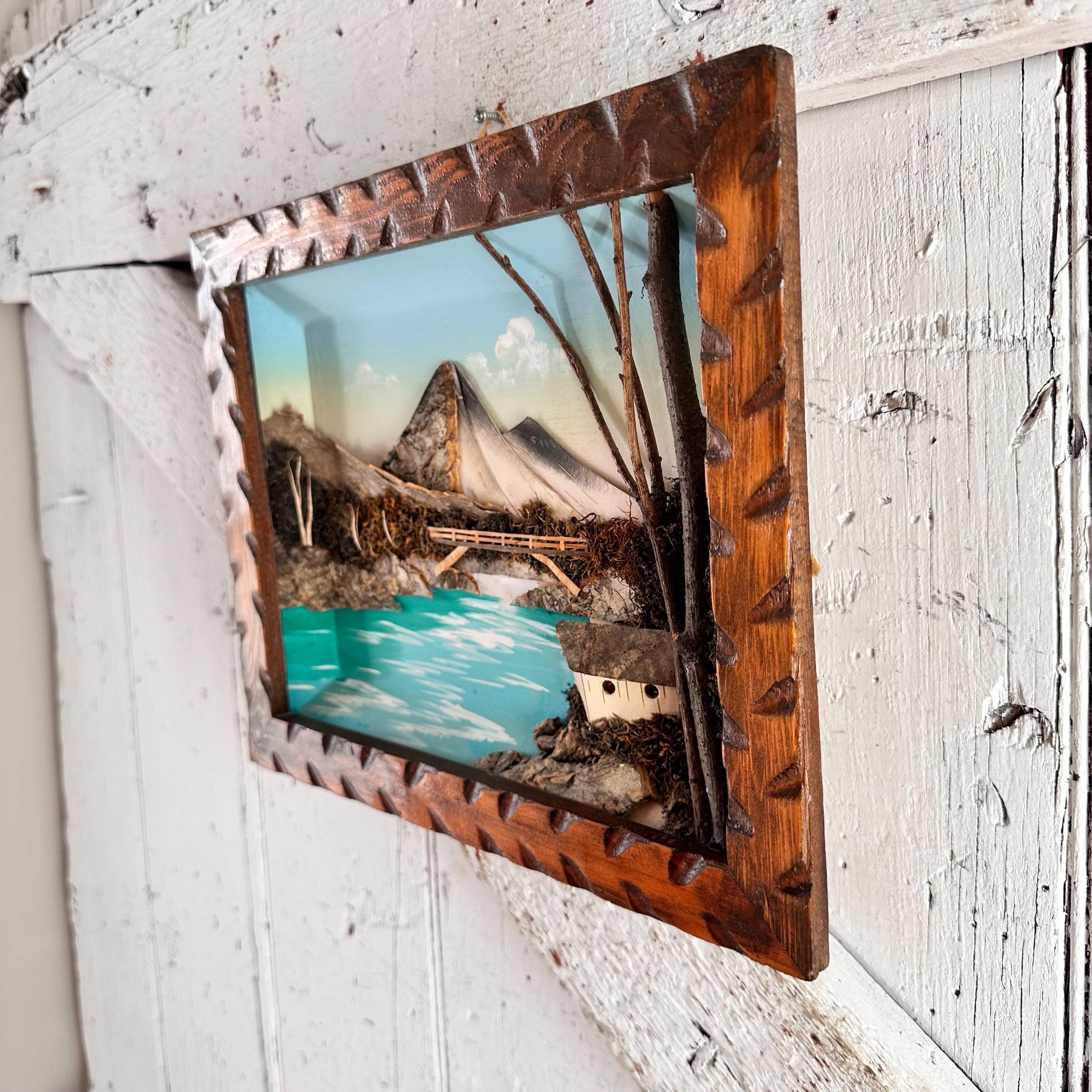 Japanese Bark Moss 3D Framed Wall Art Diorama Vintage Mid Century