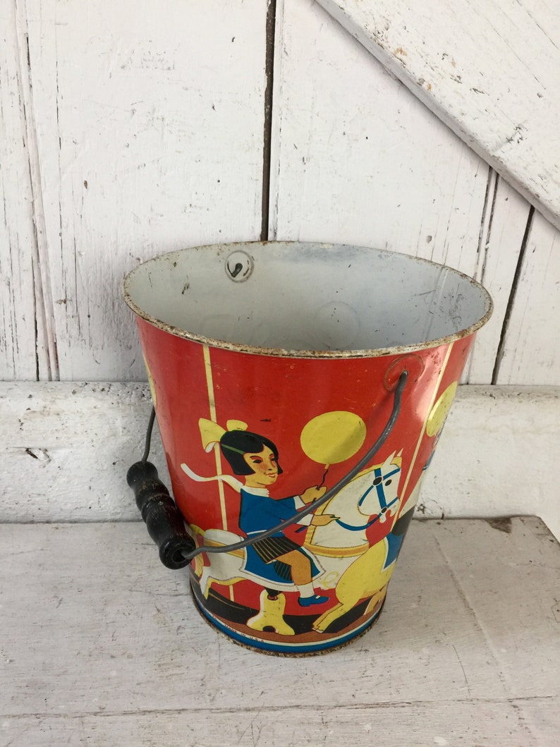 Sand Pail Childs beach bucket metal pail vintage circus theme Metal pail