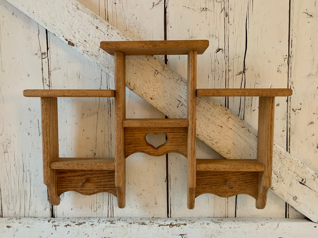 Wood Wall Shelf With Cubbies Vintage Curio Shelf With Hooks Etsy