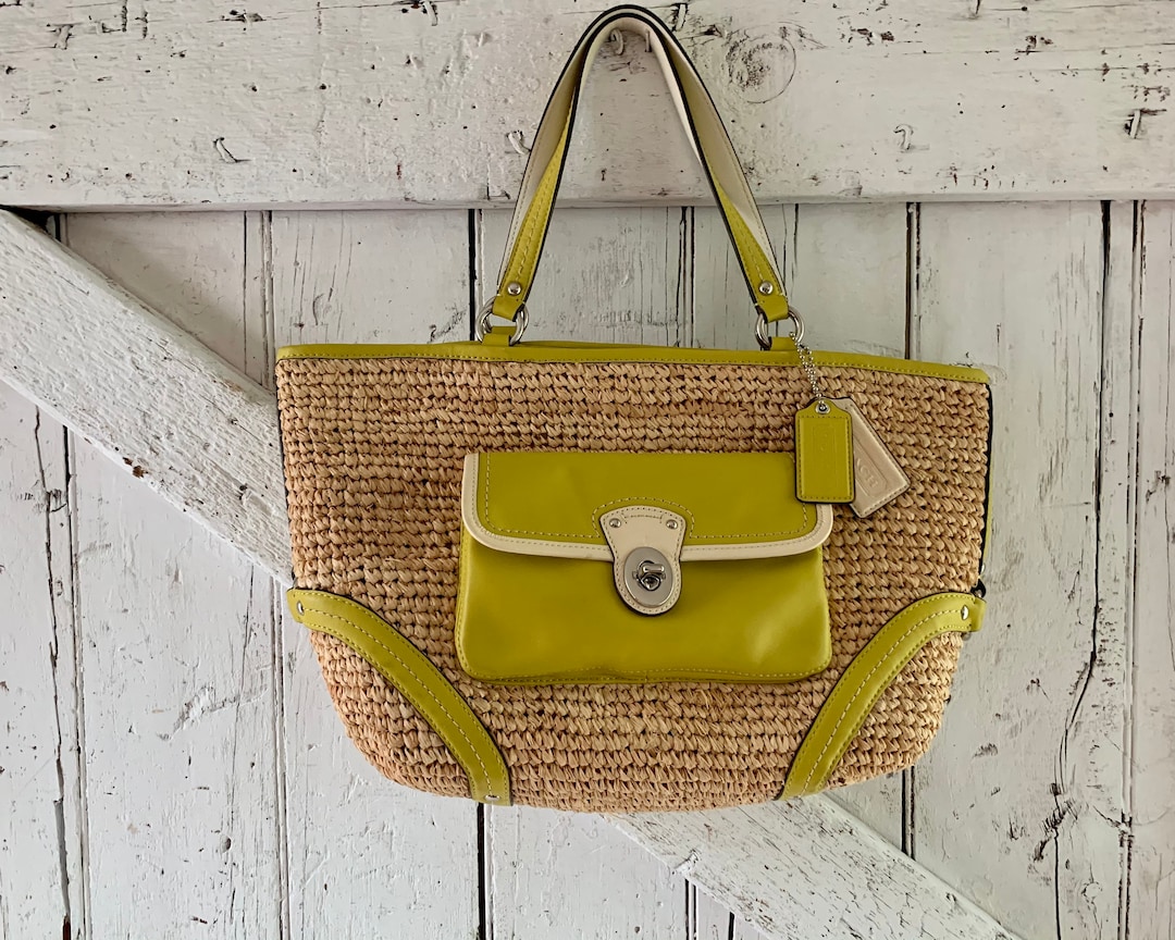 Vintage Coach Bag Lime Green Straw Tote Shoulder Bag Silver 