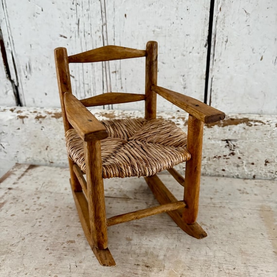 Vintage Doll Rocking Chair: Wood & Cane Miniature Toy Chair