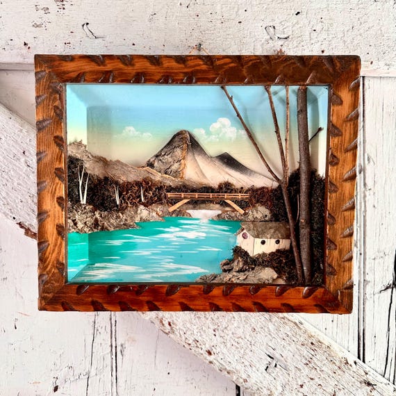 アルミブロック/オブジェ/diorama/インテリア アート Japanese Bark Moss 3D Framed Wall Art Diorama Vintage Mid Century