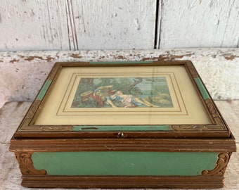 Antique Wood Green Gold Box Victorian Jewelry box with glass Print Regency Couple with mirror