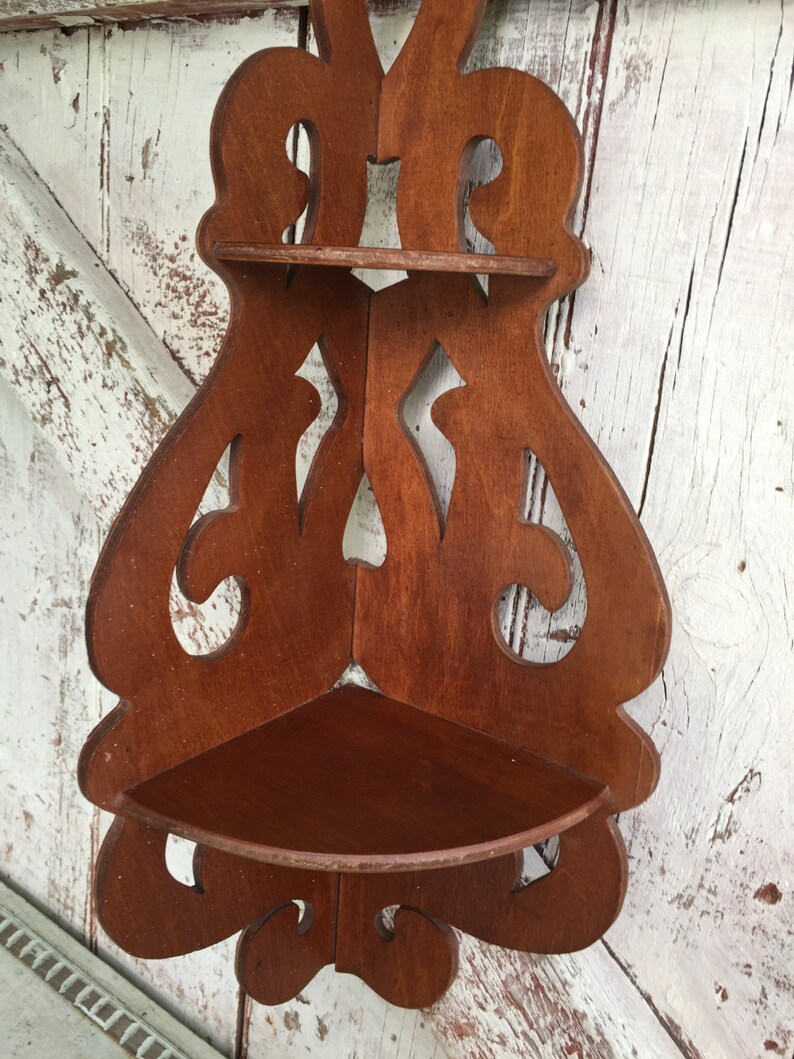 Wooden corner shelf ornate knick knack two tier vintage wooden Etsy