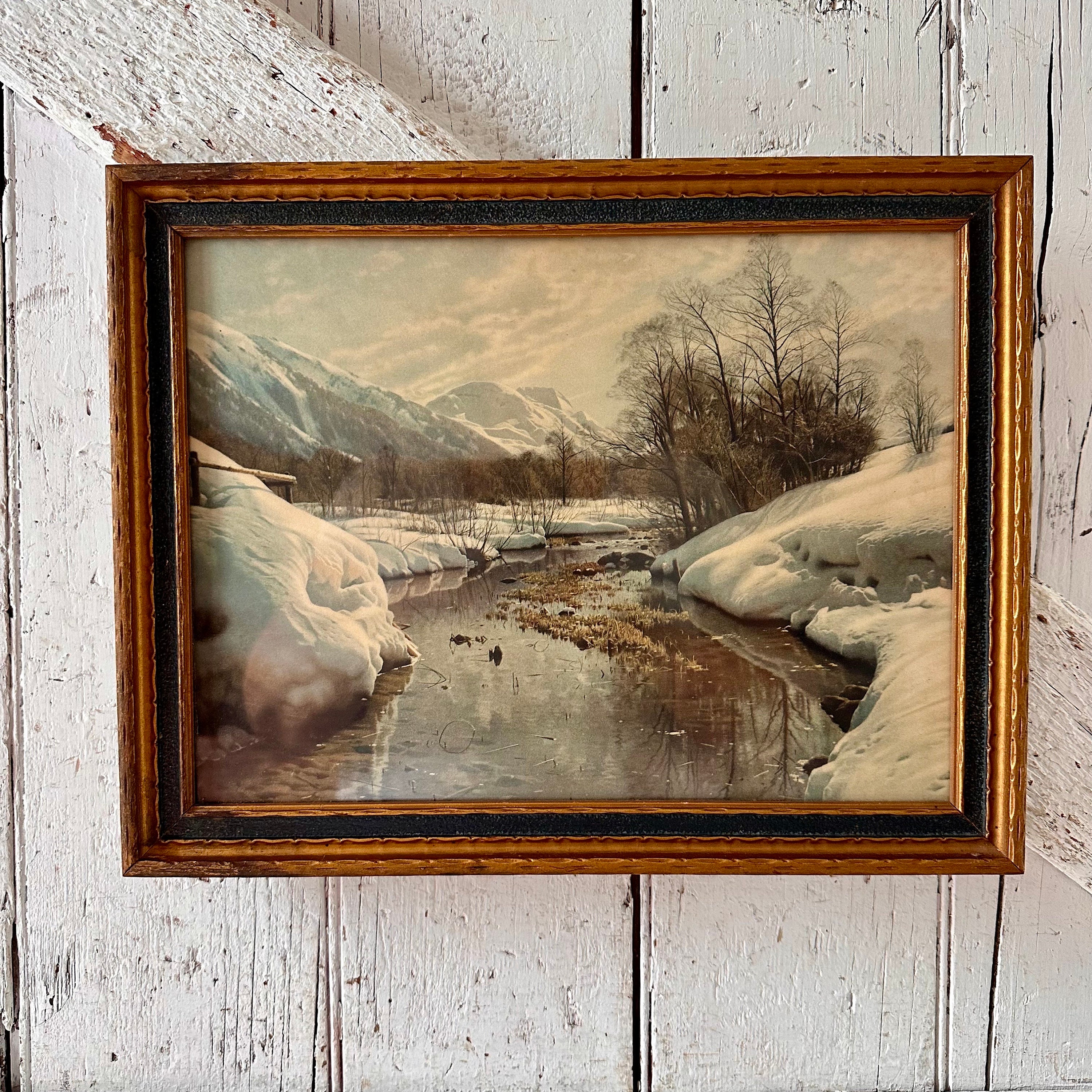 Wood Gold Blue Frame Vintage Litho Winter Scene Snow