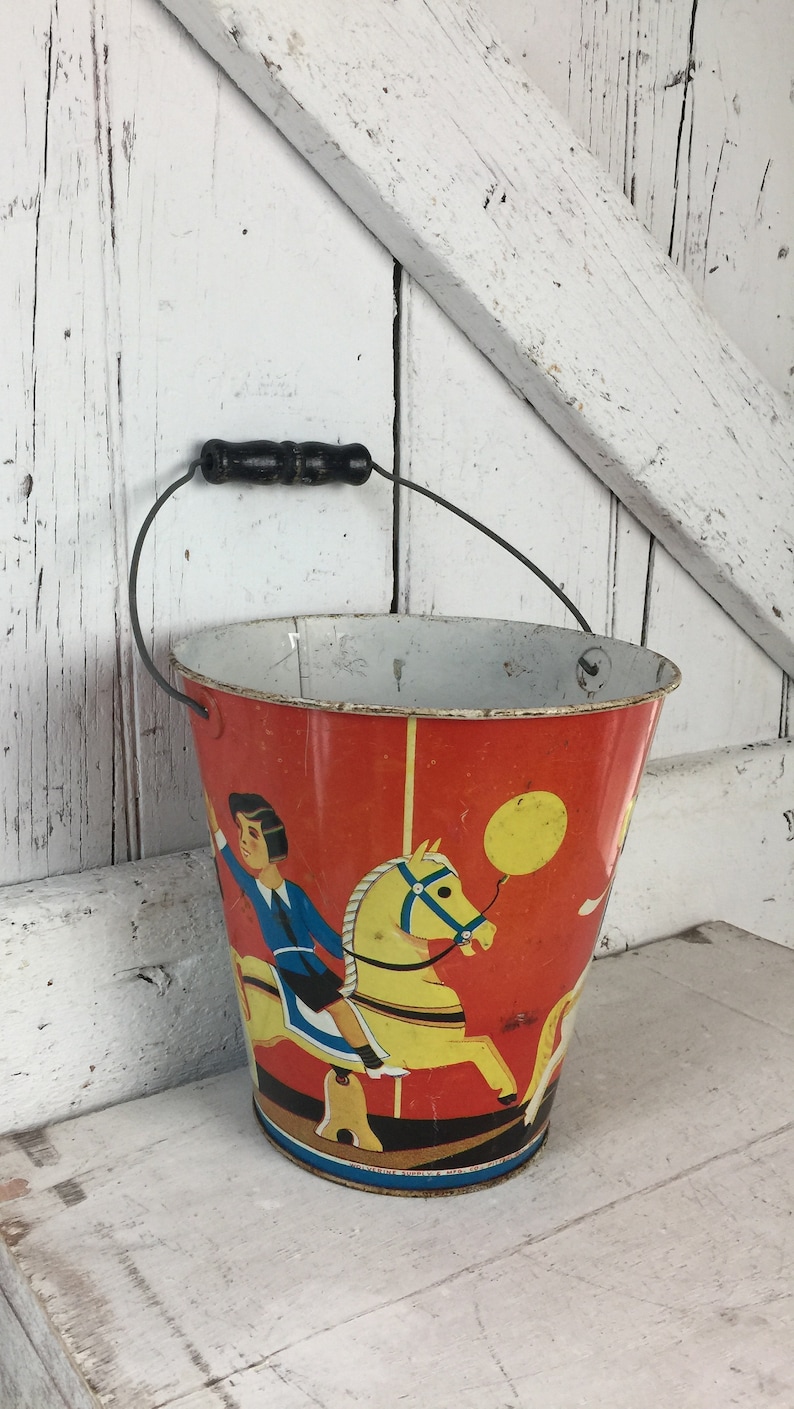 Sand Pail Childs beach bucket metal pail vintage circus theme Metal pail