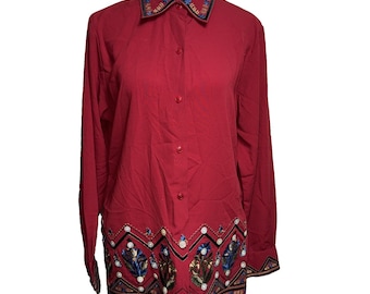 Koszula vintage Victor Costa Occasion w kolorze czerwonym, haftowana, duża, w stylu boho chic, w stylu marokańskim, rozmiar S