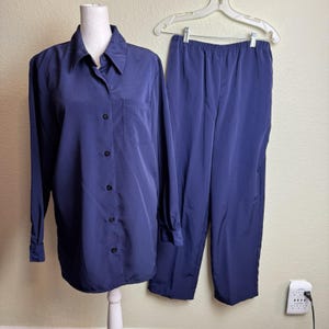 VTG 90er Jahre Basic Editions Blau Matching Pant Set 2-teilige Shacket-Hosenbluse 10 8