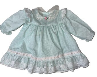 VTG Hugs & Kisses Baby Girl Dress 6-9M Mint Green Polka Dot Lace Frilly Coquette