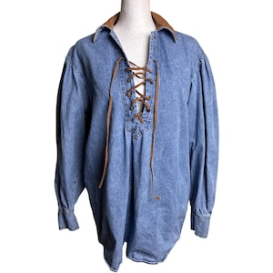 Top Seruchi de manga larga para mujer, talla S, con ribete de gamuza vaquera, azul, vintage, con cordones