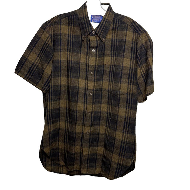 Vtg Pendleton Wool Board Shirt M Brown Plaid Short Sleeve Grunge Cabin Core image 1