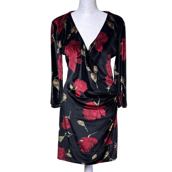 VTG 90s Moda International Whimsigoth Black Velvet Rose Ruched Midi Dress M