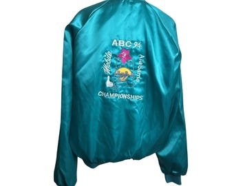 Large 50s Embroidered Satin Bowling Jacket / Chainstitch 1950s