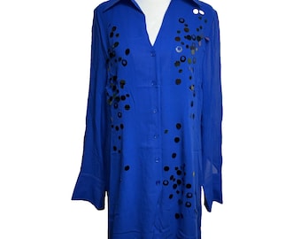 Vintage Victor Costa Occasion 100% Silk Blouse Blue Sequin Embellished Tunic S