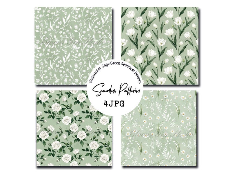 Sage Green Watercolor Seamless Floral Pattern, Botanical Digital Paper ...