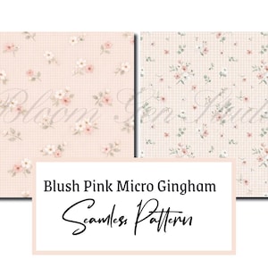 Blush Pink Micro Gingham Seamless Pattern, Ditsy Floral Watercolor, Cottagecore Pastel Digital Paper, Fabric Print, Nursery Background