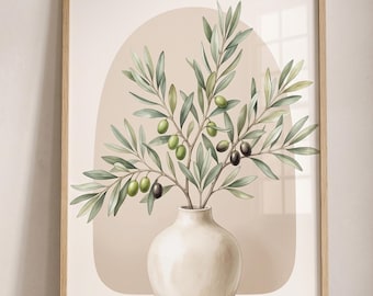 May include: A framed wall art print featuring a light-colored ceramic vase holding a leafy olive branch with green and black olives. The illustration is set against a soft beige background with a rounded arch shape behind the plant.