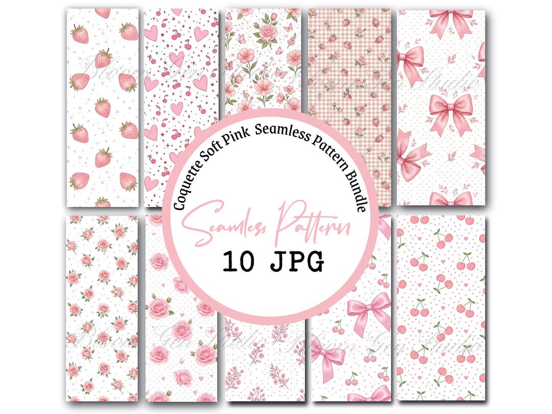 Coquette Pink Seamless Pattern Bundle, Bows Cherries Roses Hearts, Cute ...
