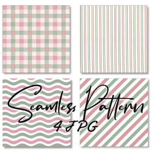 Può includere: Quattro immagini quadrate che mostrano motivi senza cuciture. I motivi includono un motivo a quadri rosa e verde, strisce verticali, linee ondulate e strisce diagonali. Le parole "Seamless Pattern" e "4 JPG" sono scritte in corsivo nero.