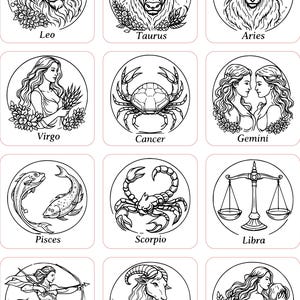 Puede incluir: Ilustraciones en blanco y negro de los doce signos del zodiaco. Cada signo se representa dentro de un círculo, con dibujos detallados de los símbolos astrológicos e imágenes asociadas, con el nombre del signo debajo.