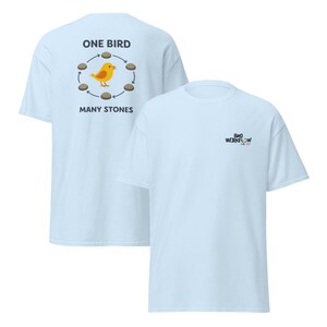 Könnte beinhalten: Hellblaue T-Shirts mit kurzen Ärmeln. Eines der Shirts hat einen Aufdruck auf dem Rücken mit einem gelben Vogel, braunen Steinen und dem Text "ONE BIRD MANY STONES". Das andere Shirt hat den Text "BAD WORKFLOW" in bunten Buchstaben.