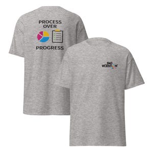 Może przedstawiać: Dwie szare koszulki. Jedna wyświetla "PROCESS OVER PROGRESS" z grafiką wykresu kołowego i schowka. Druga koszulka ma "BAD WORKFLOW MERCH" w kolorowym tekście. Obie są z krótkim rękawem.