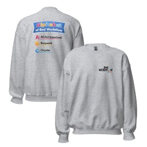 May include: A grey sweatshirt featuring the text "Alphabet of Bad Workflow" on the back, with the letters A, B, and C, each with a description. The front of the sweatshirt has the words "BAD WORKFLOW" in a colourful design.