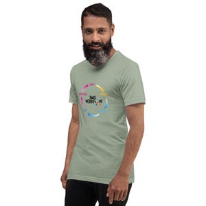 Op de afbeelding: Een lichtgroen t-shirt met de tekst "BAD WORKFLOW" in het midden van een cirkelvormig ontwerp. Het ontwerp bevat pijlen en woorden als "SAY", "SMART", "GET" en "APPLAUSE". Het shirt wordt gedragen door een persoon met een baard.