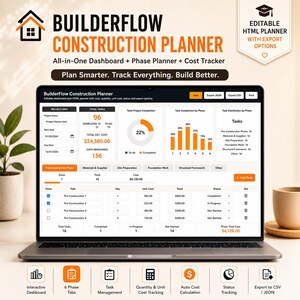 May include: A laptop displaying the BuilderFlow Construction Planner, an all-in-one dashboard with project info, task completion charts, and cost tracking. The screen shows tables for tasks, quantities, unit costs, and status, with export options.