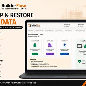 May include: A laptop screen displaying the BuilderFlow Construction Planner interface, featuring a Backup and Restore Your Data page with options to save in browser, export JSON, and import JSON, alongside a sidebar detailing these functions.