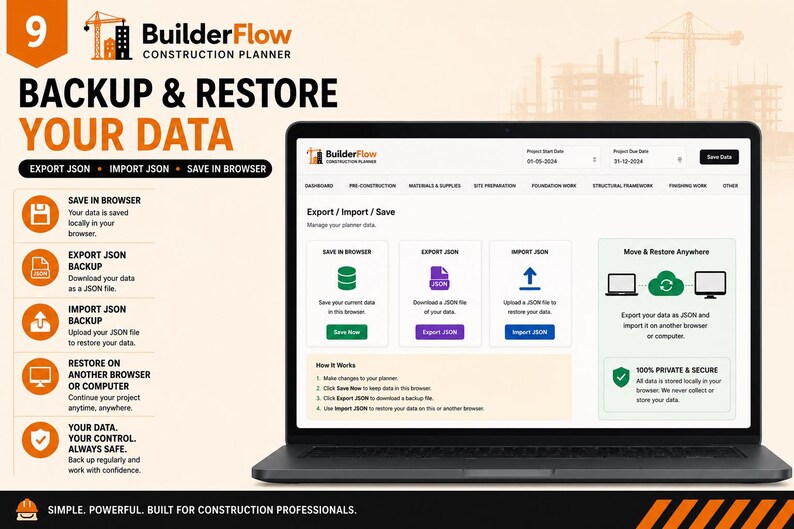 May include: A laptop screen displaying the BuilderFlow Construction Planner interface, featuring a Backup and Restore Your Data page with options to save in browser, export JSON, and import JSON, alongside a sidebar detailing these functions.