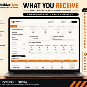 May include: A laptop screen displaying the BuilderFlow construction planner interface, featuring project information, task management, and cost tracking tables. The layout includes sections for project name, location, dates, and phase-wise task overviews.