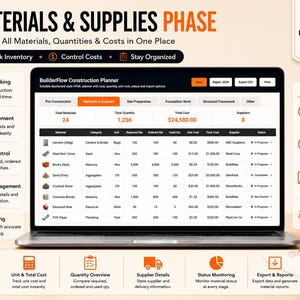 May include: A laptop screen displaying the BuilderFlow Construction Planner interface, featuring a table for tracking materials, quantities, and costs. The dashboard includes columns for material, category, unit, required, ordered, used, unit cost, total cost, supplier, and status.