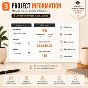 May include: An editable HTML project planner dashboard displaying project information, total tasks, completed tasks, to-do tasks, total estimated cost of $24,580.00, and 156 days remaining. The interface includes sections for project name, start date, and due date.