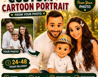 Retrato de dibujos animados personalizado a partir de una foto / Arte digital para familias, parejas y mascotas (entrega en 24-48 horas)