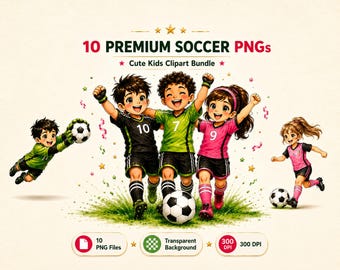 Paquete de imágenes prediseñadas de fútbol infantil, arte deportivo para cumpleaños, descarga digital PNG.