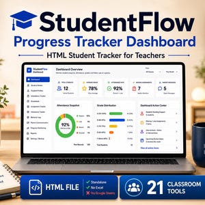 May include: A laptop displaying the StudentFlow Progress Tracker Dashboard, an HTML student tracker for teachers. The screen shows attendance, grades, and missing assignments. Below the laptop are buttons for HTML file and 21 classroom tools.