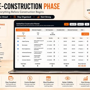 May include: A digital BuilderFlow Construction Planner displayed on a laptop screen, featuring a dashboard with columns for tasks, descriptions, due dates, quantities, unit costs, and status. The interface includes buttons for export options.
