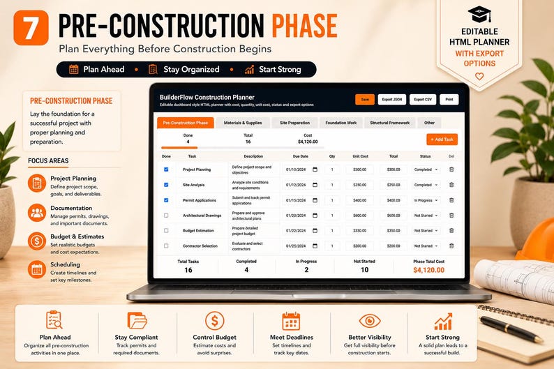 May include: A digital BuilderFlow Construction Planner displayed on a laptop screen, featuring a dashboard with columns for tasks, descriptions, due dates, quantities, unit costs, and status. The interface includes buttons for export options.