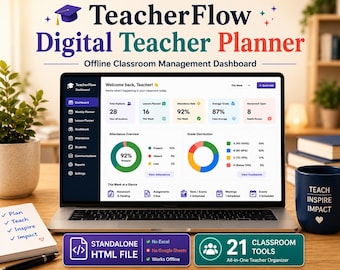 Digital Teacher Planner, Classroom Organizer, HTML Dashboard, Attendance Tracker, Gradebook & Lesson Planner