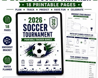 Paquete de seguimiento del torneo de fútbol 2026, cuadro de eliminatorias imprimible, planificador de partidos (descarga digital)