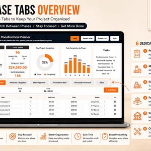 May include: A laptop screen displaying the BuilderFlow Construction Planner dashboard with six phase tabs, project info, task completion charts, and a task list. The interface includes buttons for saving, exporting JSON or CSV, and printing project data.