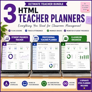 May include: Three laptops displaying digital teacher planners with the text Ultimate Teacher Bundle, 3 HTML Teacher Planners, Everything You Need for Classroom Management, Student Progress Tracker, Professional Teacher Planner, and Classroom Organizer.