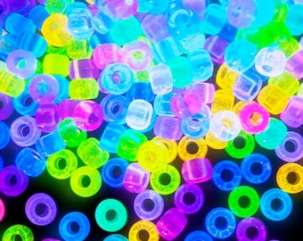 Pony Beads for Bracelets, 1000+pcs 6x9mm Rave Kandi Acrylic Beads Neon Charms Hair Bead for Braids Girls Halloween Jewelry Making